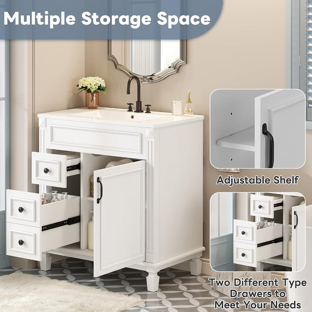 30 Inch White Bathroom Vanity with Sink & & Black Handles,Modern Bathroom Vanity with 2 Left Hand Drawers & Adjustable Shelf,Soft Closing Doors,Solid Wood Frame,French Embossed Front