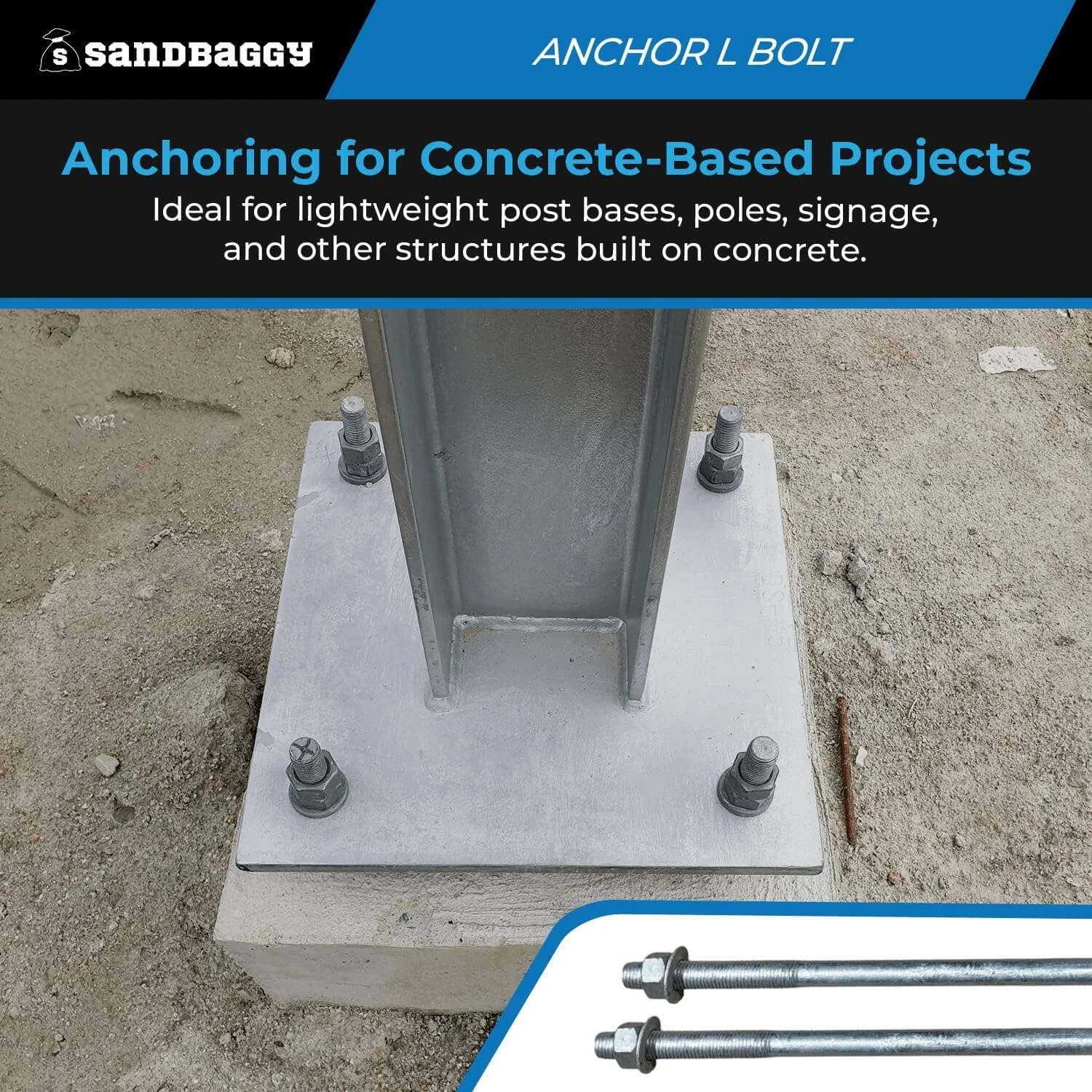 Sandbaggy 5/8' x 12' Threaded Concrete Anchor L-Bolts (Nuts & Washers Included) - Hot Dipped Galvanized - Sill Plate, Base Plate, Masonry, Wood, Cement Anchors, J Bolt (20, 5/8' x 12')