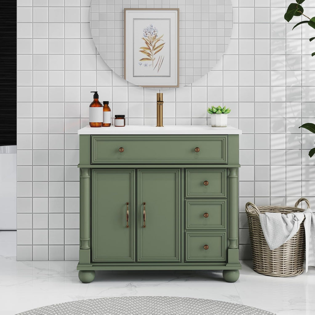 36 inch Bathroom Vanity with Sink, Freestanding Bathroom Vanity Cabinet with Ceramic Sink, Flip Top Drawer, 2 Large Capacity Drawers, Soft Closing Doors, Adjustable Shelf, Round Column Base, Green