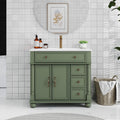 36 inch Bathroom Vanity with Sink, Freestanding Bathroom Vanity Cabinet with Ceramic Sink, Flip Top Drawer, 2 Large Capacity Drawers, Soft Closing Doors, Adjustable Shelf, Round Column Base, Green
