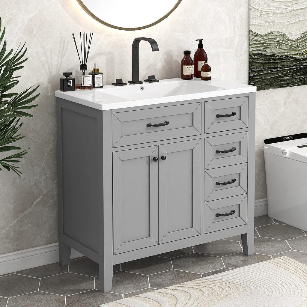 LUMISOL 36 Inch Bathroom Vanity with Ceramic Sink, Solid Wood Bathroom Storage Cabinet with 3 Drawers & 2 Doors, Freestanding Vanity, Grey