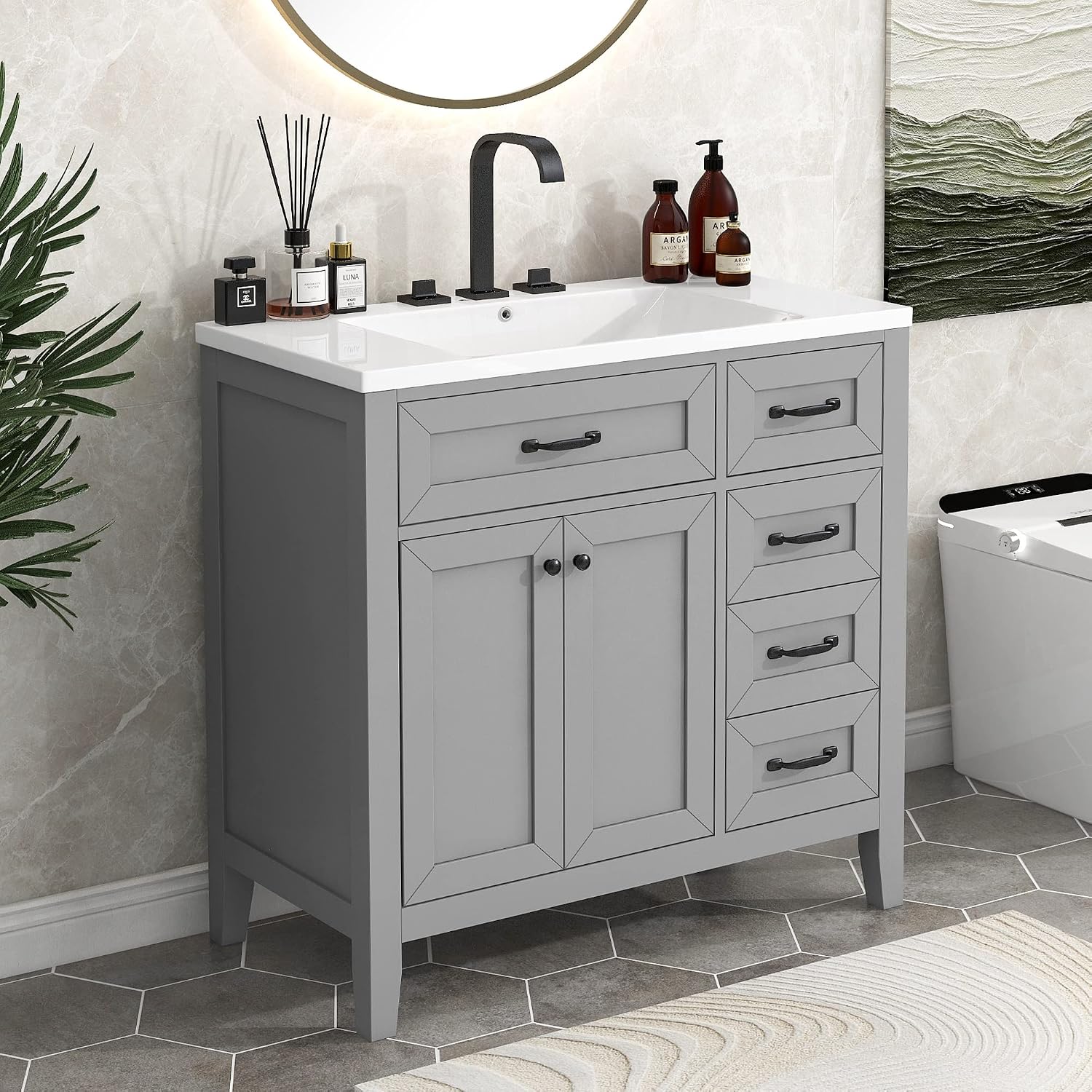 36' Bathroom Vanity with Sink, Bathrooms Vanity witn Top, 36 Inch Vanity and Sink Bathroom Vanity with Countertop, 3 Drawers and 2 Doors for Bathroom No Mirror (Grey)