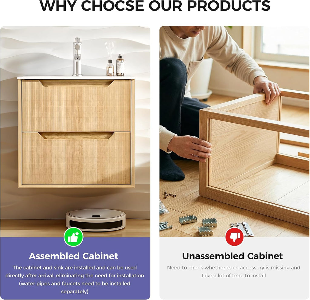 32' Japandi Floating Bathroom Vanity with Sink, Pre-Assembled Natural Oak Multi-Layer Solid Wood Bathroom Sink Vanity, Wall Mounted with Integrated Stone Top and 2 Soft Close Drawers