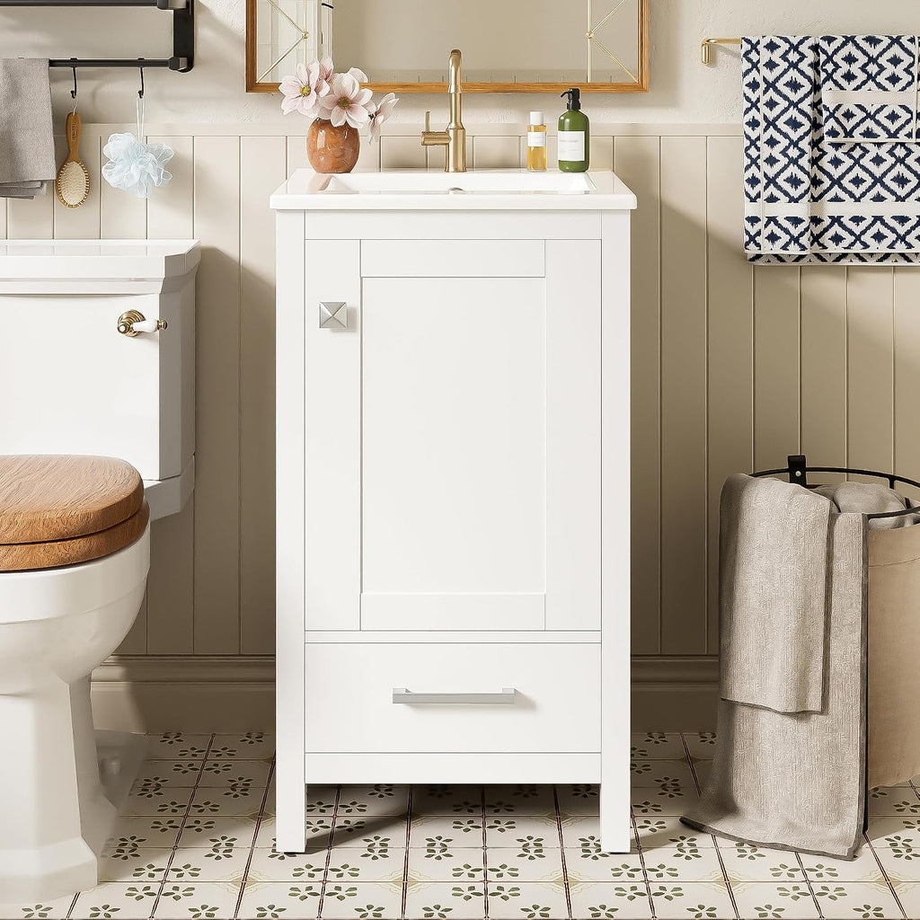 VilroCaz Modern 18'' Bathroom Vanity with Top Sink, Freestanding Bathroom Storage Cabinet with Door and Divider Drawer, Single Sink Cabinet with Adjustable Plastic Foot Pads (White+1 Drawer)