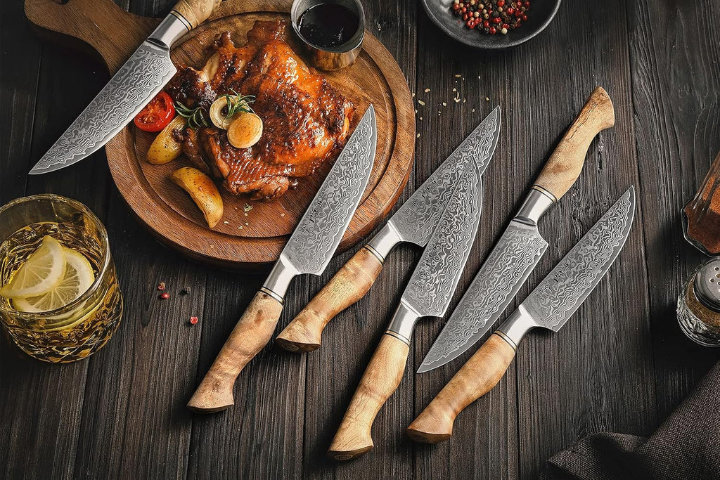 HEZHEN 6PCS Kitchen Knife Set Professional Forged Damascus High Carbon Steel Steak Knife Figured Sycamore Wood Handle-Porcelain Gift Package