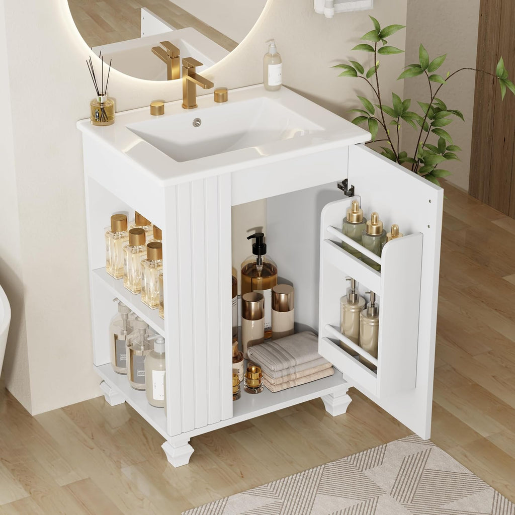 24-inch Bathroom Vanity with Sink Combo, Free-Standing Single Storage Cabinet with Door Shelf, Side Open Storage, and Cabinet, Vanity with Ceramic Basin for Bathroom (White)