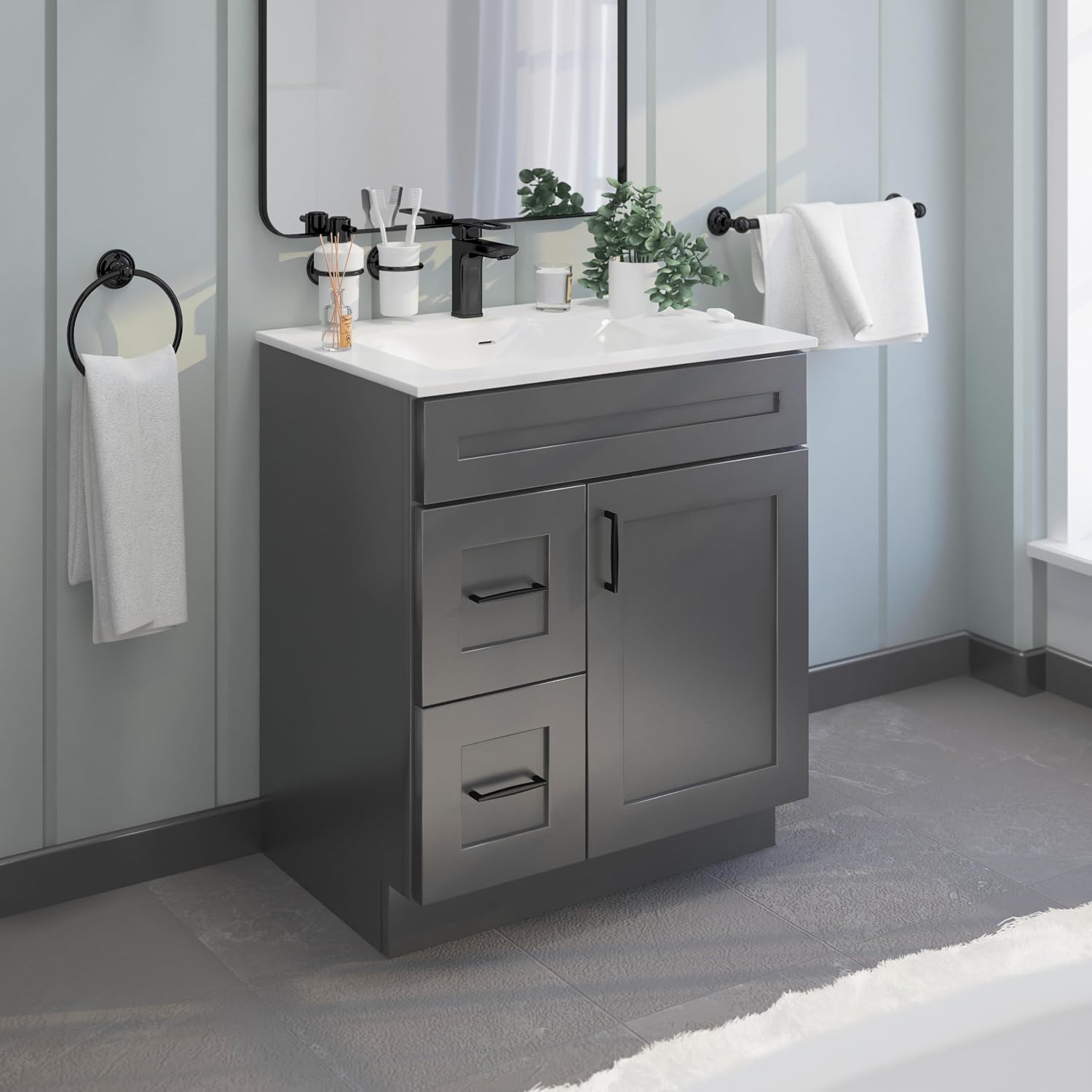 30' Shaker Bathroom Vanity Sink Base with Drawers (Ready-to-Assemble) (Grey Shaker Vanity Base)