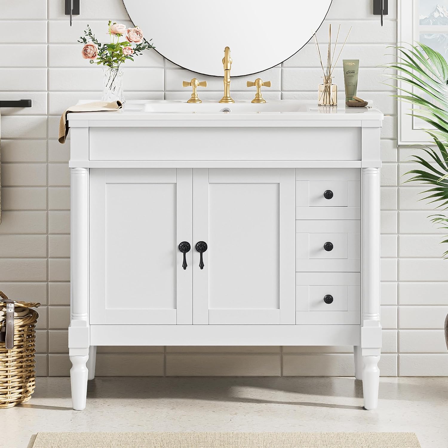 Favfurish 36' Bathroom Vanity with Ceramic Sink,Freestanding Bath Cabinet w/Soft Closing Doors,Adjustable Shelves,Modern Storage Vanity Cabinet for Smaill and Medium Bathrooms,White
