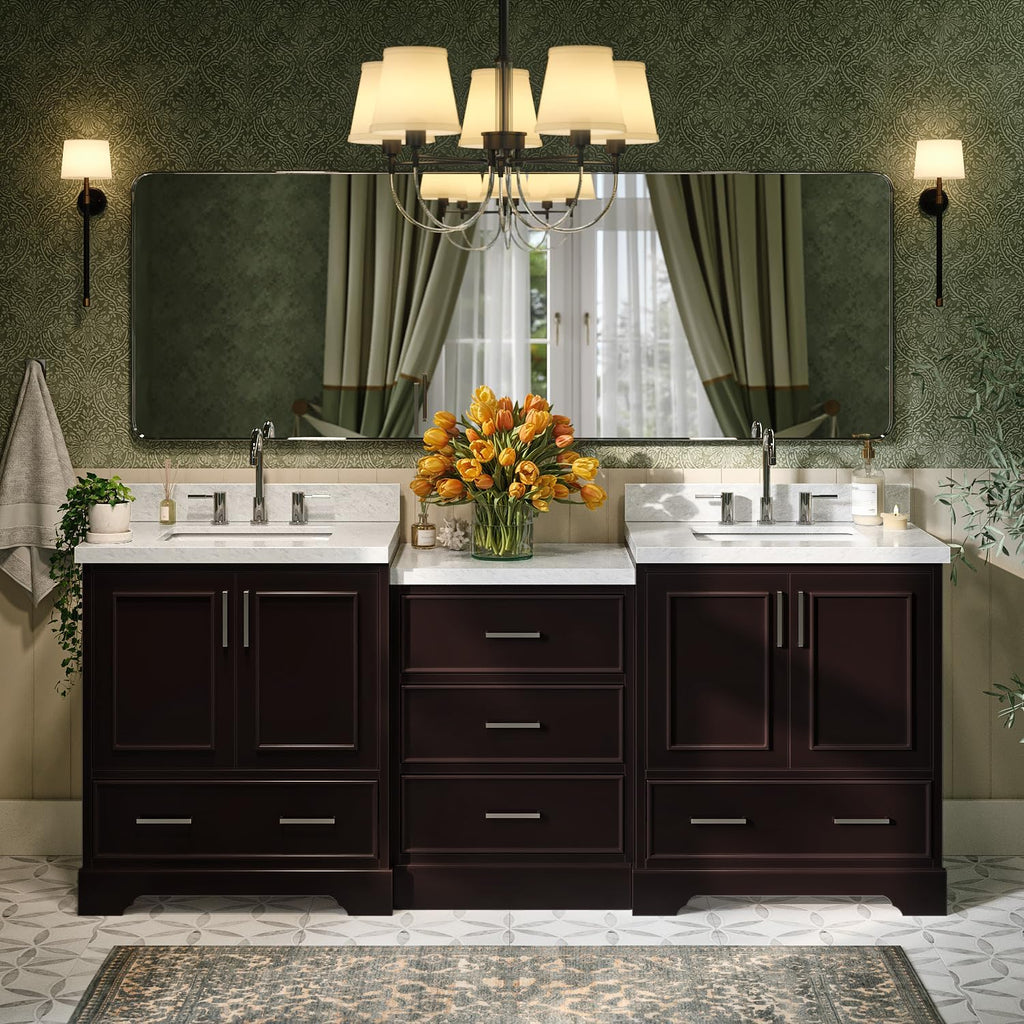 ARIEL Stafford 84-inch Bathroom Vanity with Sink,Solid Wood, 1.5in Italian Carrara Marble Countertop, Double Rectangular Porcelain Sink, 4 Soft Closing Doors, 5 Dovetail Drawers, Espresso