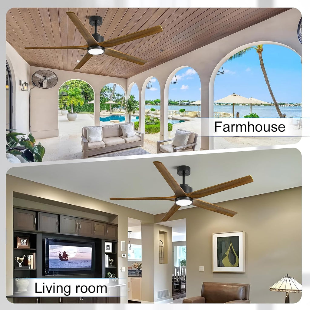 72 Inch Ceiling Fan with Lights, Outdoor Wood Silent Ceiling Fans, Modern Large Airflow High CFM Farmhouse Fan, Quiet Reversible DC Motor 5 Blades for Bedroom Living Room Exterior Patios