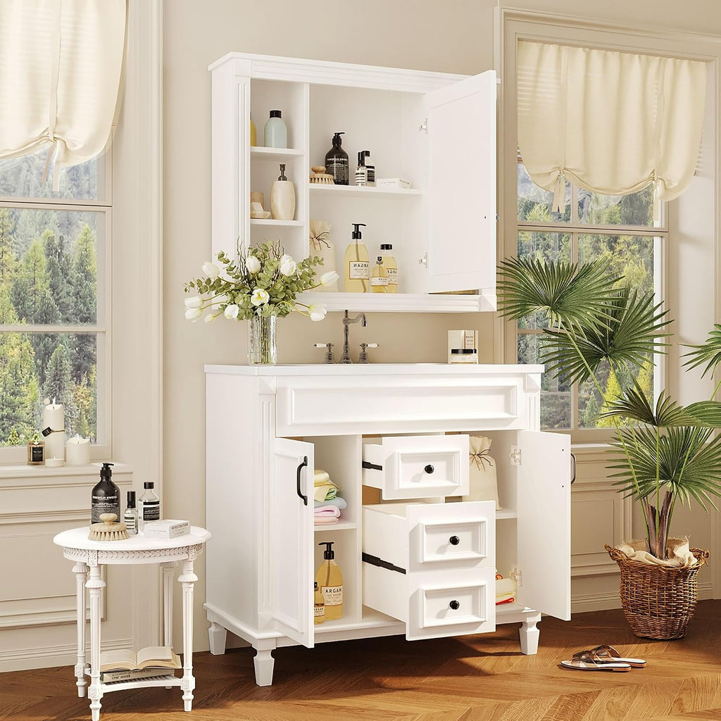 Merax 36' Bathroom Vanities with Matching Medicine Cabinet & Single Sink, Modern Undermount Bathroom Sink Cabinet with 3 Closing Doors & 2 Full Extension Dovetail Drawers