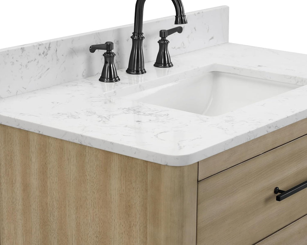 TILE & TOP Safford 36' Single Bathroom Vanity with Carrara White Quartz Top, Sink & Backsplash. 37' W x 22' D x 34.5' H. Oak Veneer. Solid Wood. Pre-Assembleb. 1 Till-Out & 2 Soft-Closing Drawers.
