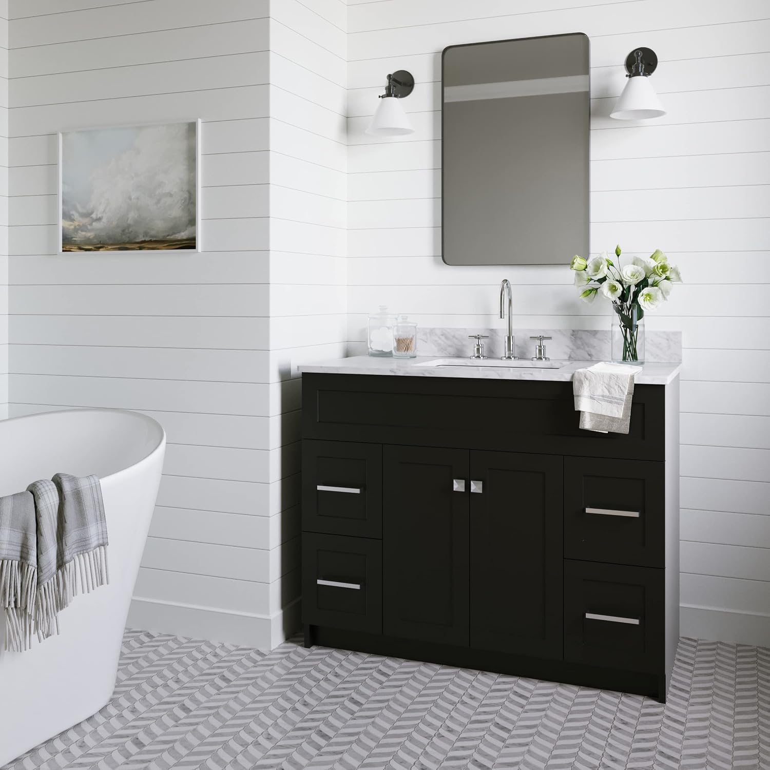 ARIEL Hamlet 43 in. Right Offset Rectangle Sink Vanity with 0.75 in. Carrara White Countertop in Black