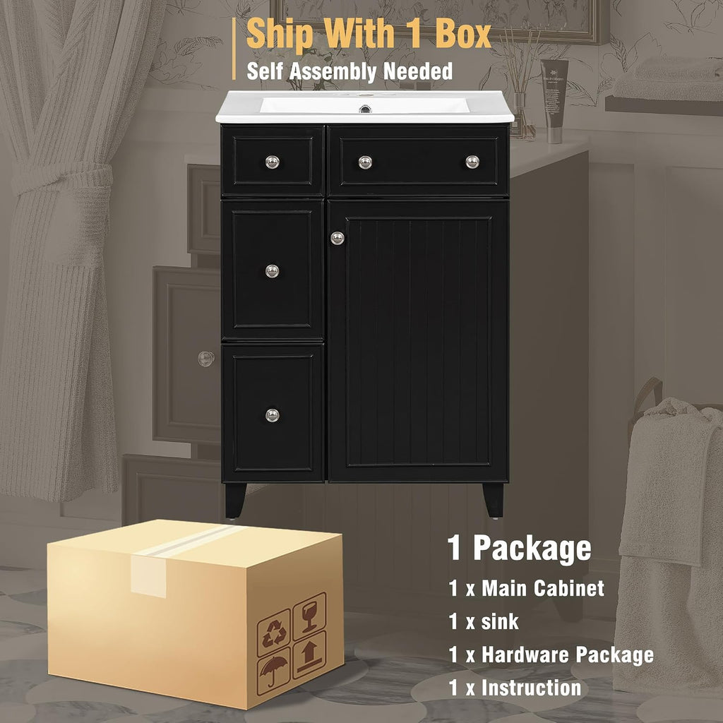 24-inch Bathroom Vanity with Sink Combo Set, Free-Standing Single Storage Cabinet with 2 Drawers and Single Door, Vanity with Ceramic Basin for Bathroom (Black)