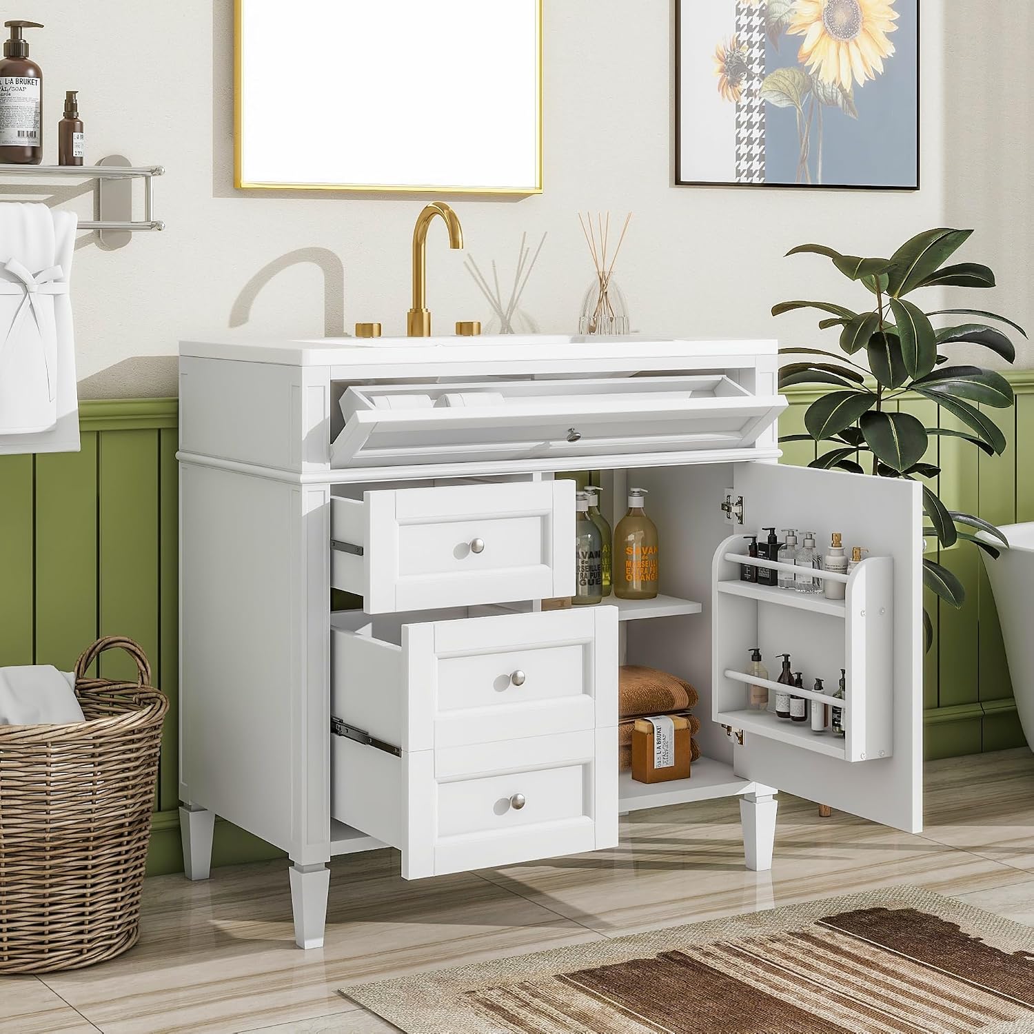 Merax 36 Inch Bathroom Vanity with Top Sink, Modern Bathroom Storage Cabinet with 2 Drawers and a Tip-Out Drawer, Solid Wood Frame Single Sink Bath Vanities, White
