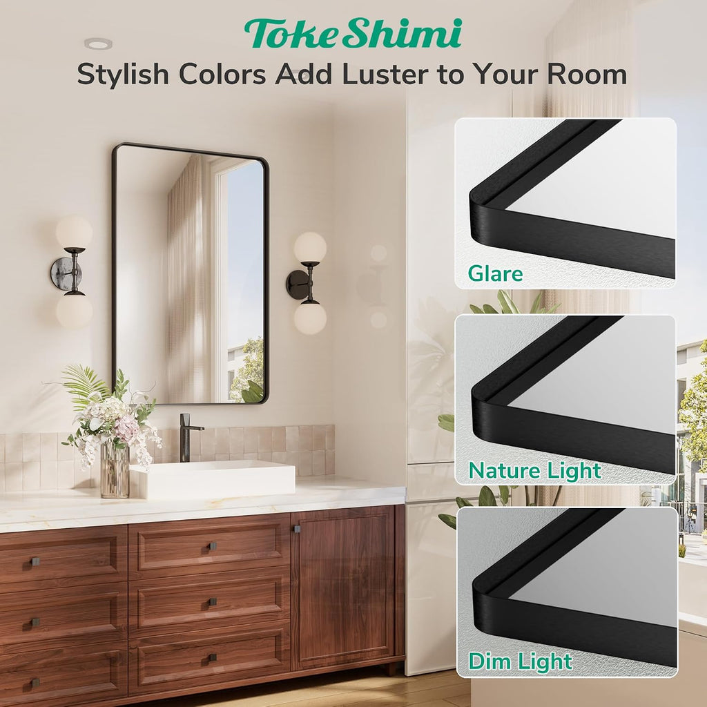 TokeShimi 60x28 Wall Mirror for Bathroom,Matte Black Bathroom Vanity Mirror,Tempered Glass,Large Rectangle Mirror,Rustproof Framed Bathroom Mirror(Horizontal/Vertical)