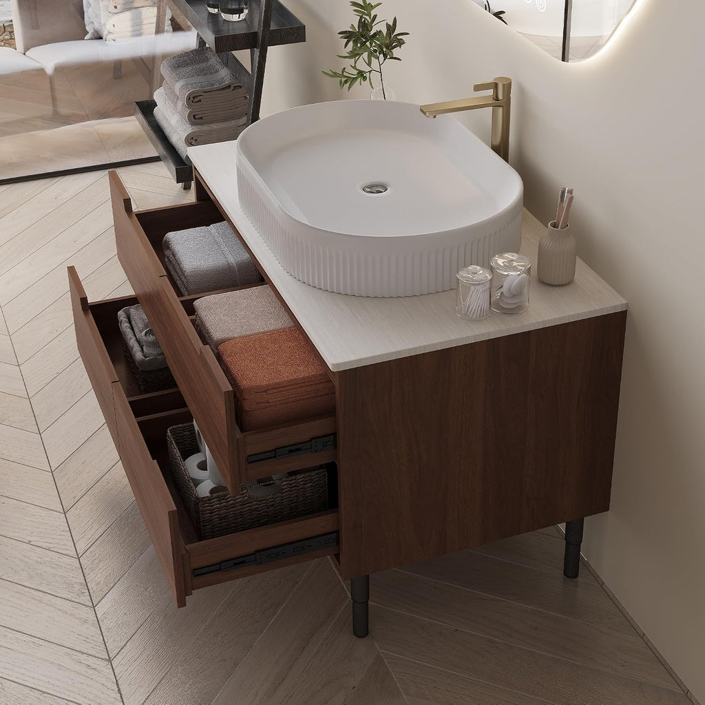 36' Bathroom Vanity with Above Oval Sink Set, Modern Walnut 2-in-1 Wall Mounted & Freestanding Bathroom Vanity Cabinet with Sintered Stone top&4 Storage Drawers, Bathroom Single Sink Cabinet