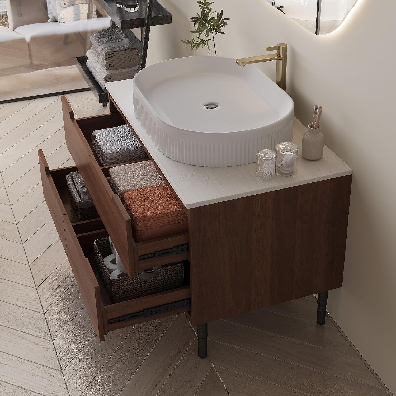 36' Bathroom Vanity with Above Oval Sink Set, Modern Walnut 2-in-1 Wall Mounted & Freestanding Bathroom Vanity Cabinet with Sintered Stone top&4 Storage Drawers, Bathroom Single Sink Cabinet