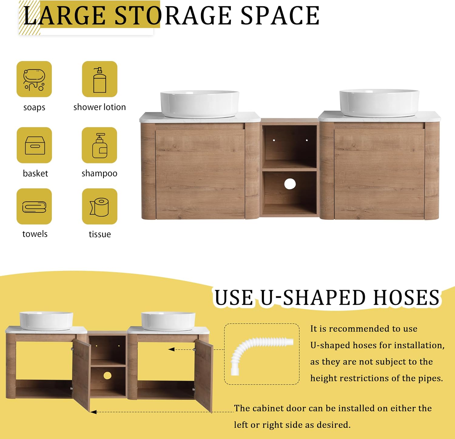 60 Inch Double Sink Bathroom Vanity Combo Modern Floating Bathroom Vanitites with Round Ceramic Vessel Sink 60' Bathroom Sink Cabinet with Marble Counter Top & 1 Middle Storage Shelf