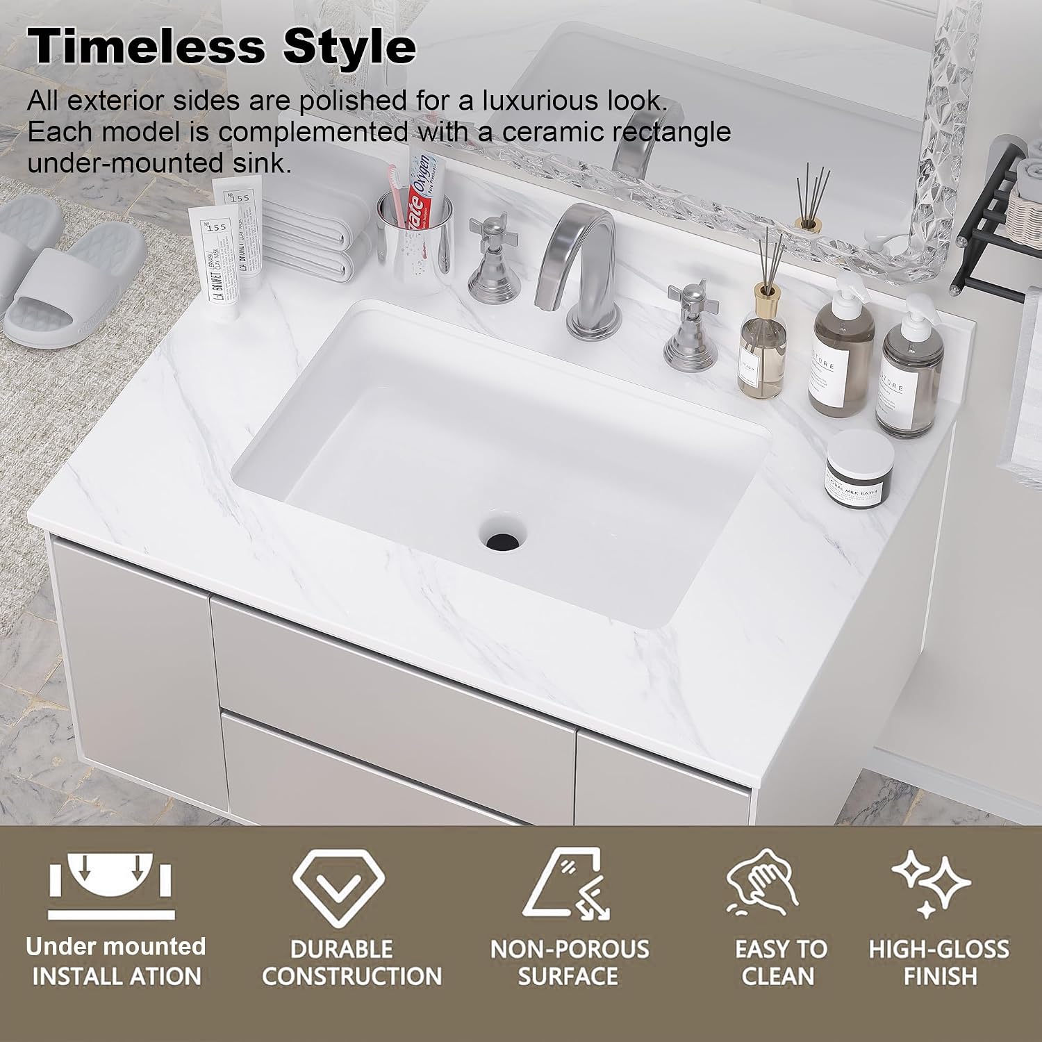 Leavader 31 x 22 Inch Bathroom Vanity with Sink, Elegant White Sintered Stone Marble Top with Rectangular Undermount Sink & Backsplash