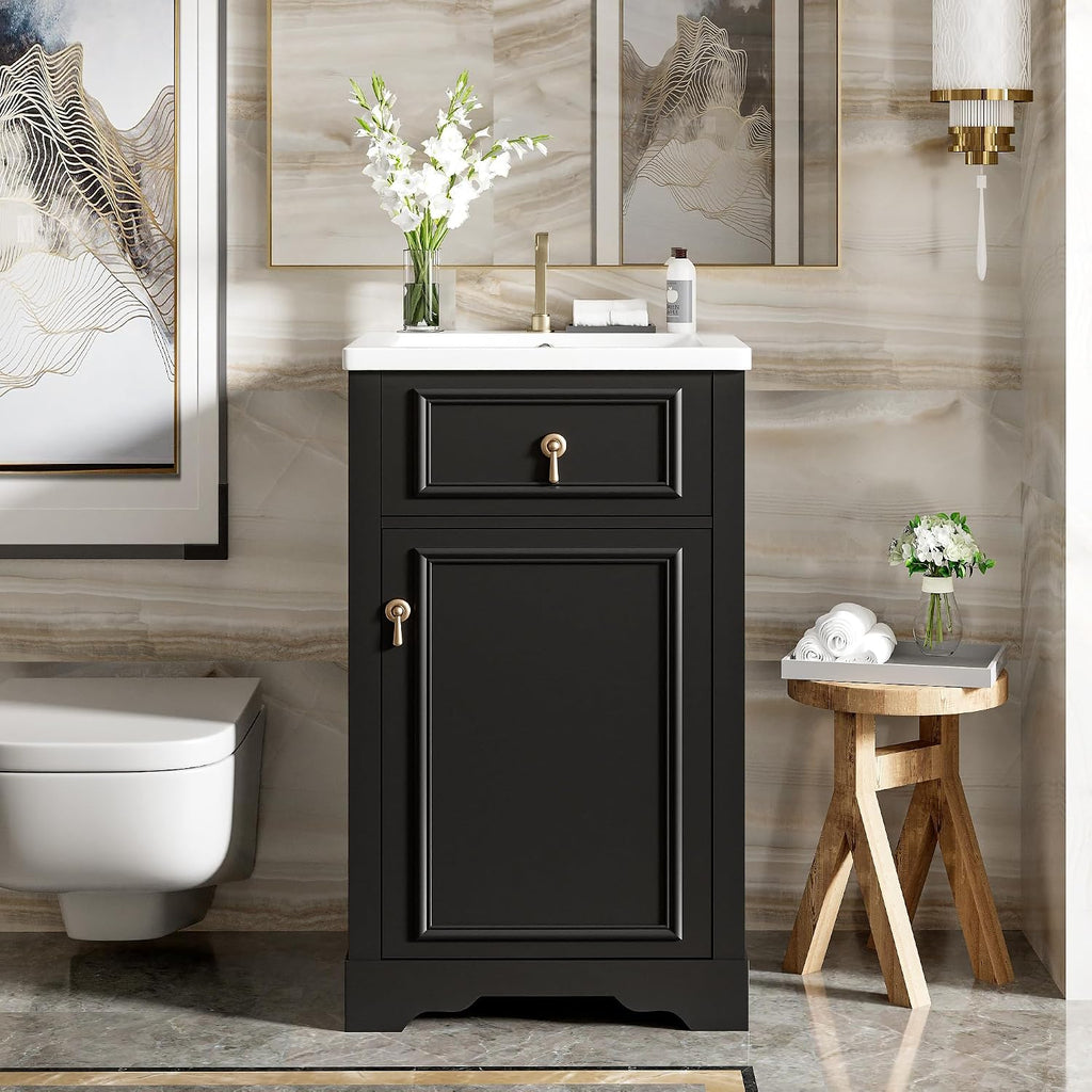 20-inch Bathroom Vanity with Sink, Free Standing Vanity Cabinet with One Door, Storage Rack, and Adjustable Shel, Solid Wood Vanity Set with Ceramic Sink for Bathroom (Black)