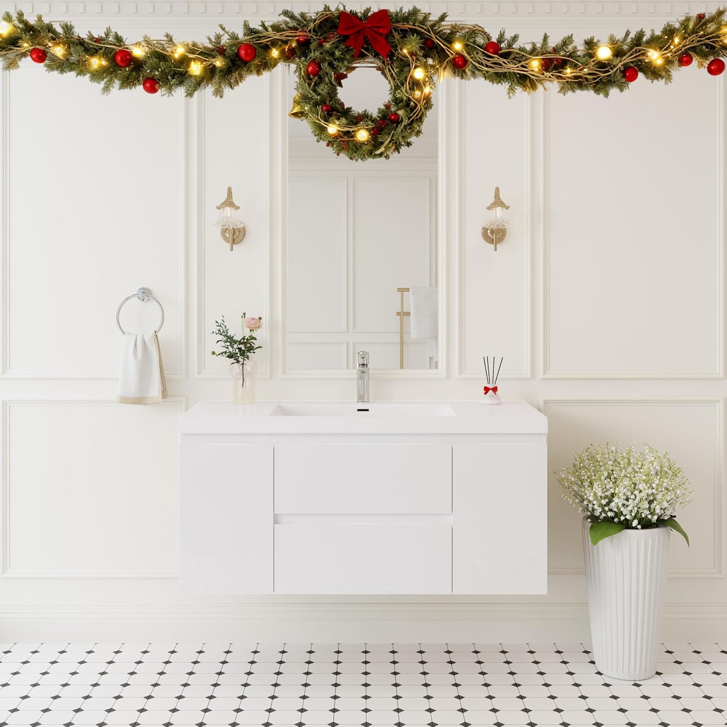 GDFStudio 48' Floating Bathroom Vanity with Sink, Wall-Mounted Vanity Cabinet with Solid Surface Countertop, Integrated Basin, Soft Close Drawers, Modern Space-Saving Design, Glossy White