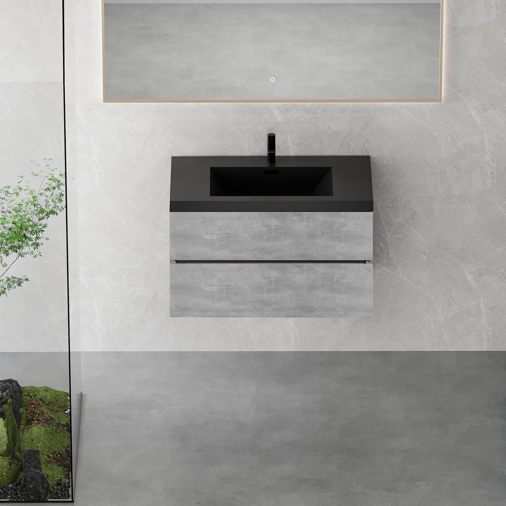 36' Floating Bathroom Vanity with Sink, Modern Wall-Mounted Bathroom Storage Vanity Cabinet with Black Quartz Sand Top Basin and Soft Close Drawers