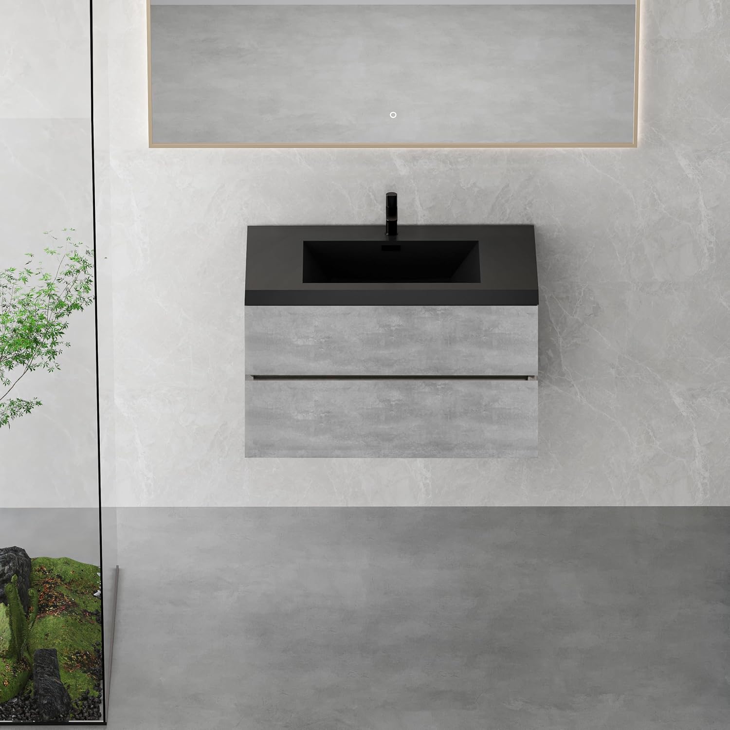 36' Floating Bathroom Vanity with Sink, Modern Wall-Mounted Bathroom Storage Vanity Cabinet with Black Quartz Sand Top Basin and Soft Close Drawers