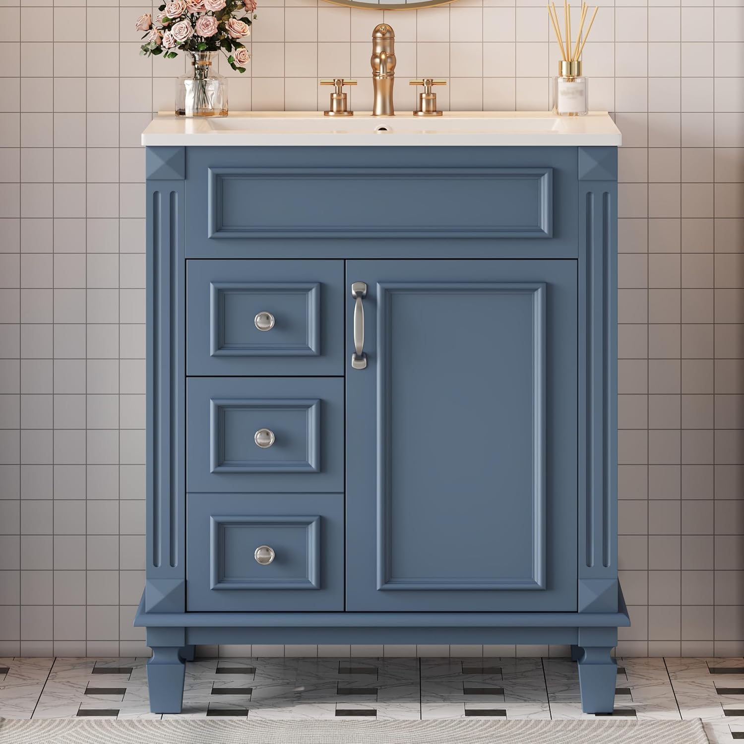 24 Inch Blue-Grey Bathroom Vanity with Sink,Modern Bathroom Vanity with 2 Left Hand Drawers & Adjustable Shelf,Soft Closing Doors & Silver Handles,Solid Wood Frame,French Embossed Front