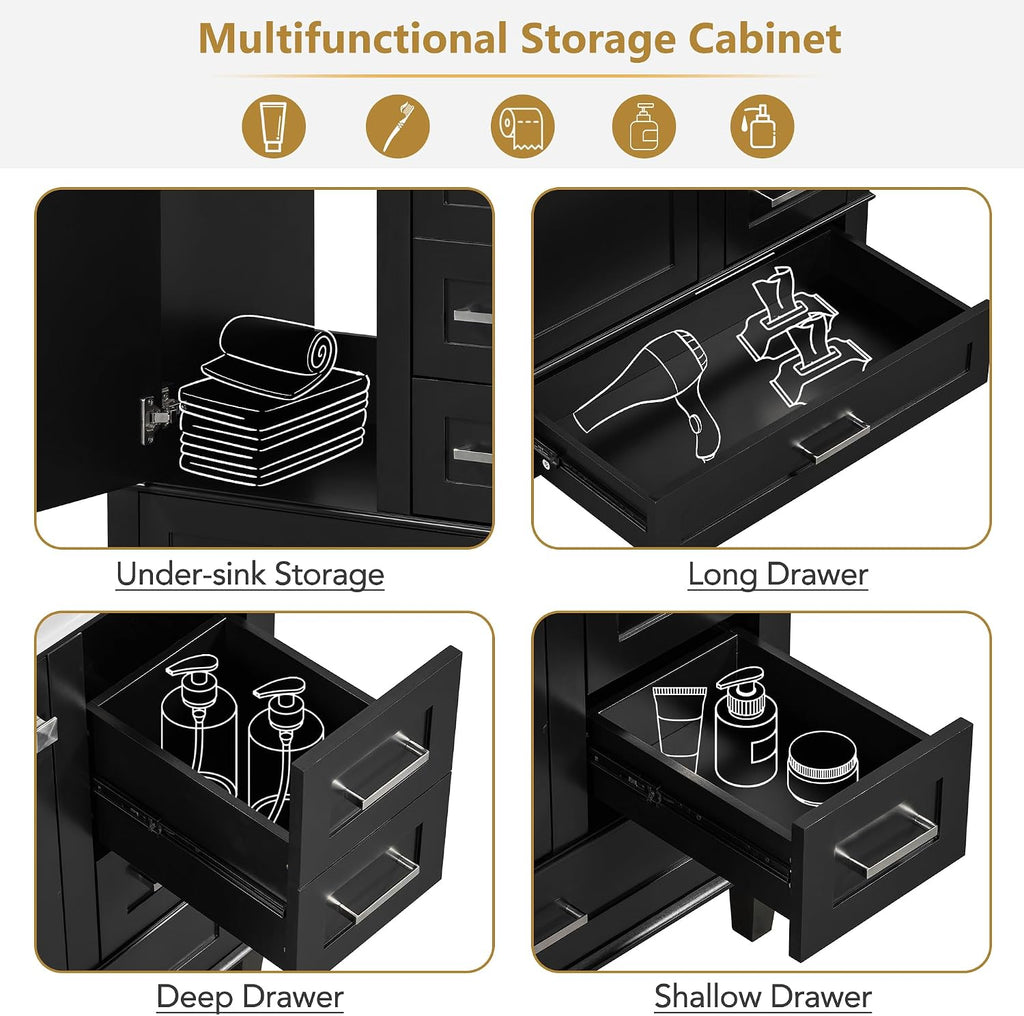 Mirightone 30' Bathroom Vanity with Sink, Bathroom Vanities 30 Inch with Top, Single Sink Bathroom Vanity with 3 Drawers and 1 Soft Closing Door, 30 Restroom Vanity with Cuntertop Sink (Black)