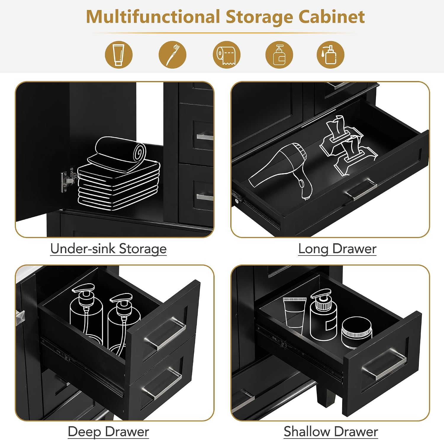 Mirightone 30' Bathroom Vanity with Sink, Bathroom Vanities 30 Inch with Top, Single Sink Bathroom Vanity with 3 Drawers and 1 Soft Closing Door, 30 Restroom Vanity with Cuntertop Sink (Black)