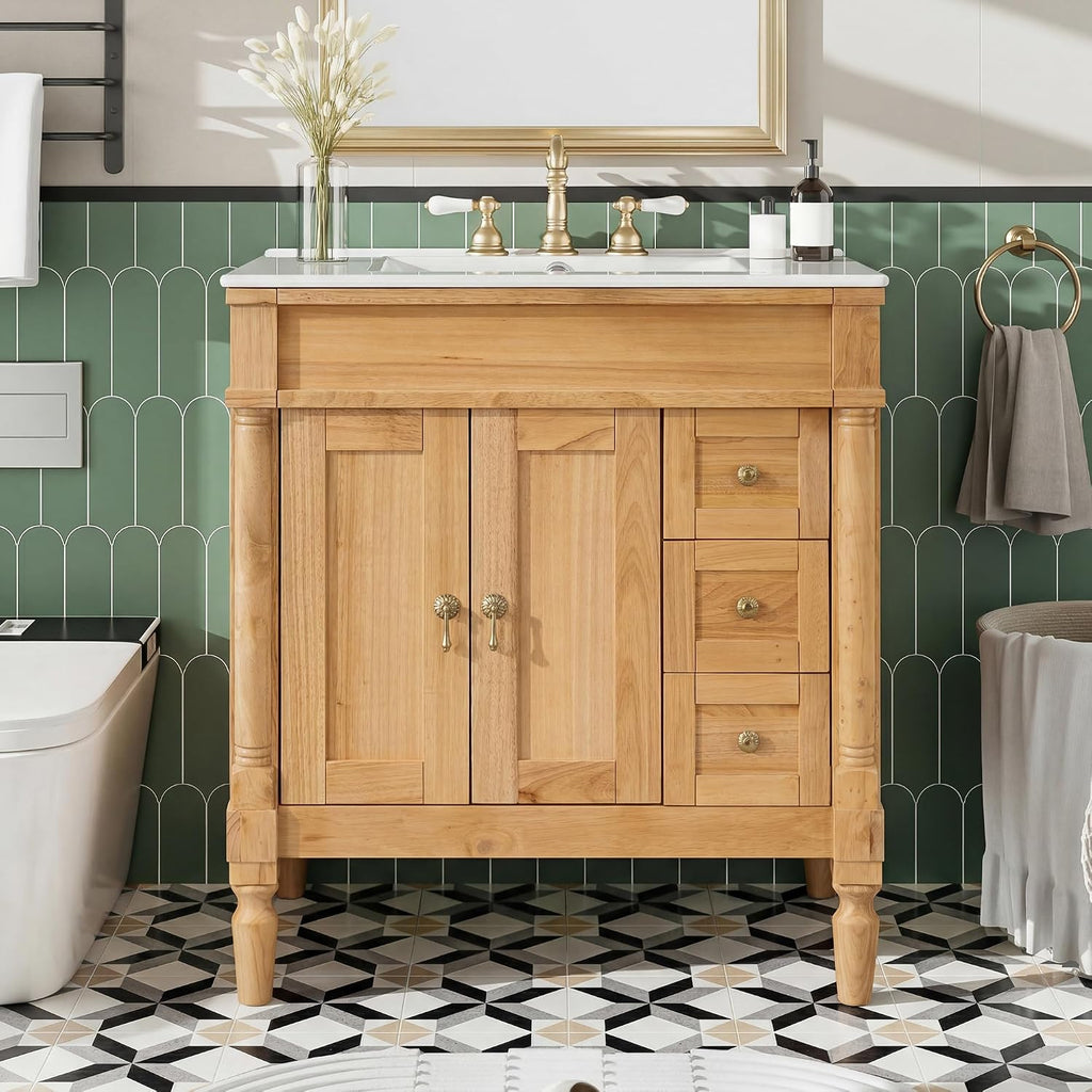 Merax 30' Bathroom Vanity with Sink, 4 Solid Legs, 3 Drawers 2 Doors, Modern Freestanding Wooden Bathroom Cabinet with Undermount Upgraded Ceramic Sink, Quick Assembly, Nature Wood