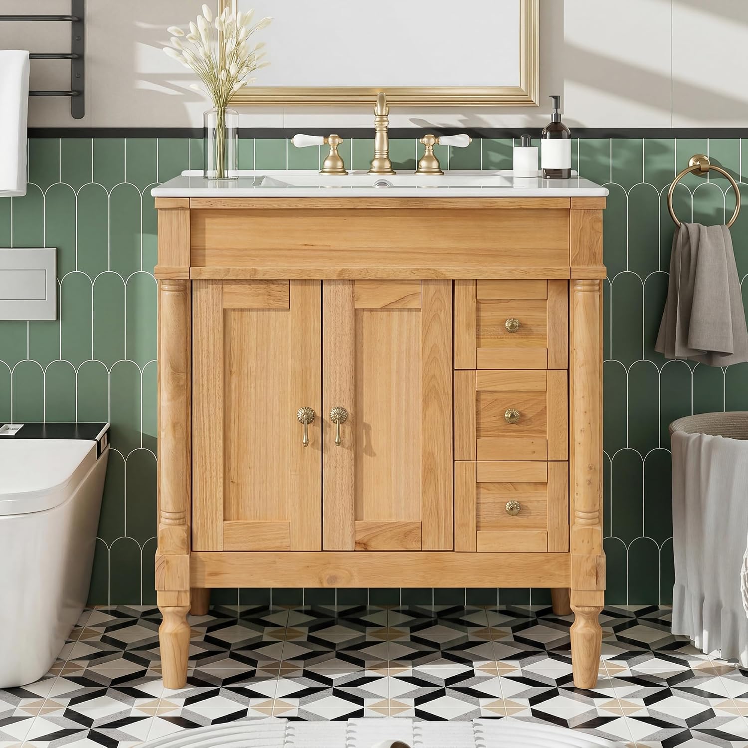 Merax 30' Bathroom Vanity with Sink, 4 Solid Legs, 3 Drawers 2 Doors, Modern Freestanding Wooden Bathroom Cabinet with Undermount Upgraded Ceramic Sink, Quick Assembly, Nature Wood