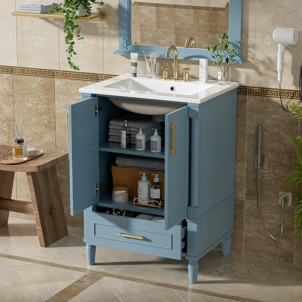 VilroCaz 24' Modern Bathroom Vanity with Ceramic Sink, Ornate Motif Design Doors & Soft-Close Hinges, Wood Bathroom Cabinet with Drawer, Ornately Carved French Cylinder Legs (Blue-4.23)