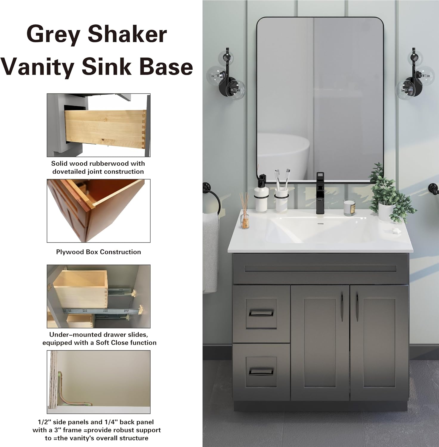 Gray Shaker Bathroom Vanity Sink Base with Drawers 36 in Ready-to-Assemble Cabinet