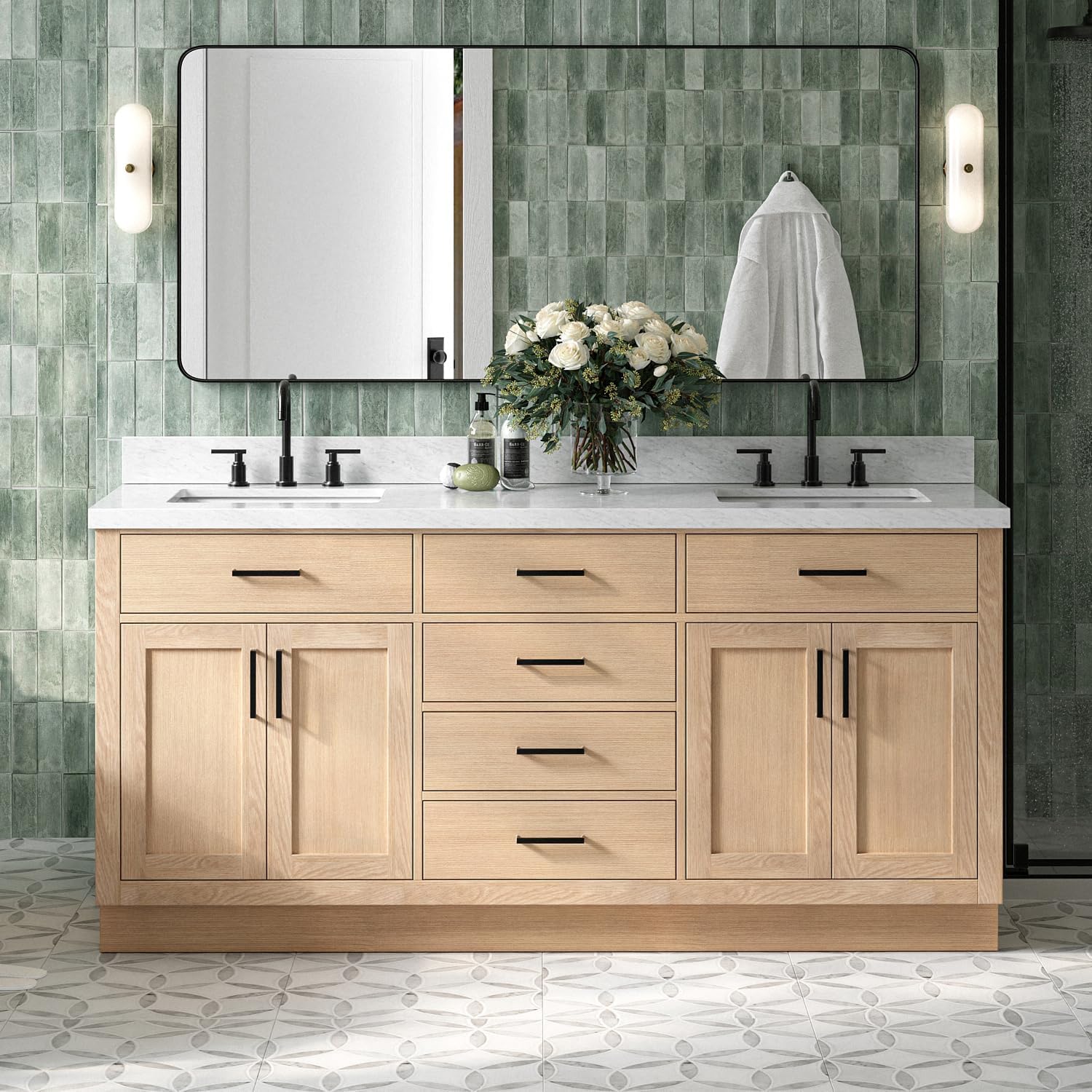 DKB Isabella 72' Oak Double Bathroom Vanity with Sink, 1.5' Carrara White Marble Countertop, Rectangle Undermount Sinks, 4 Soft Closing Doors, 6 Dovetail Drawers