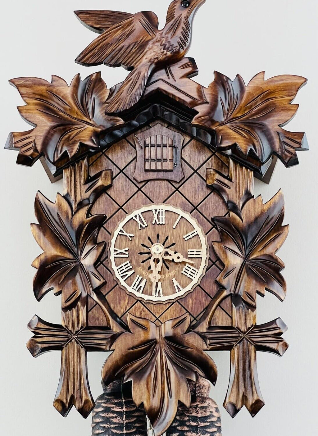 Traditional German Cuckoo Clock with Five Hand-Carved Maple Leaves and One Bird, 14-Inch Tall