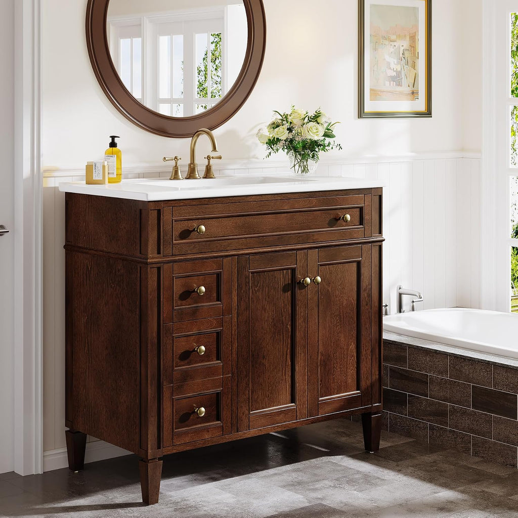 Tribesigns 36' Bathroom Vanity with Sink, Farmhouse Bathroom Sink Cabinet with 4 Drawers & 2 Doors, Bath Storage Vanity Sink with Metal Handles, Solid Wood Frame, Paint Surface Brown