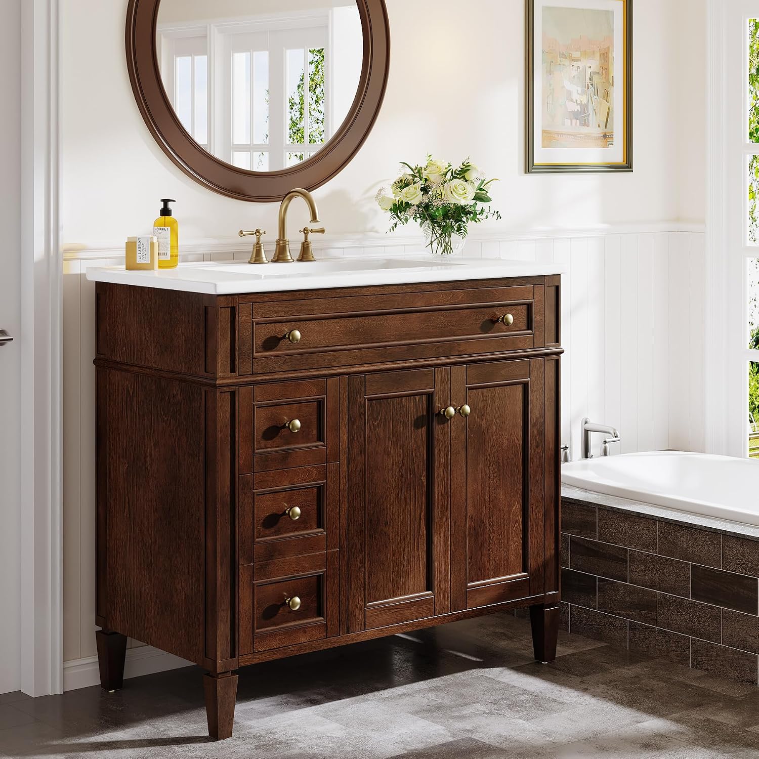 Tribesigns 36' Bathroom Vanity with Sink, Farmhouse Bathroom Sink Cabinet with 4 Drawers & 2 Doors, Bath Storage Vanity Sink with Metal Handles, Solid Wood Frame, Paint Surface Brown