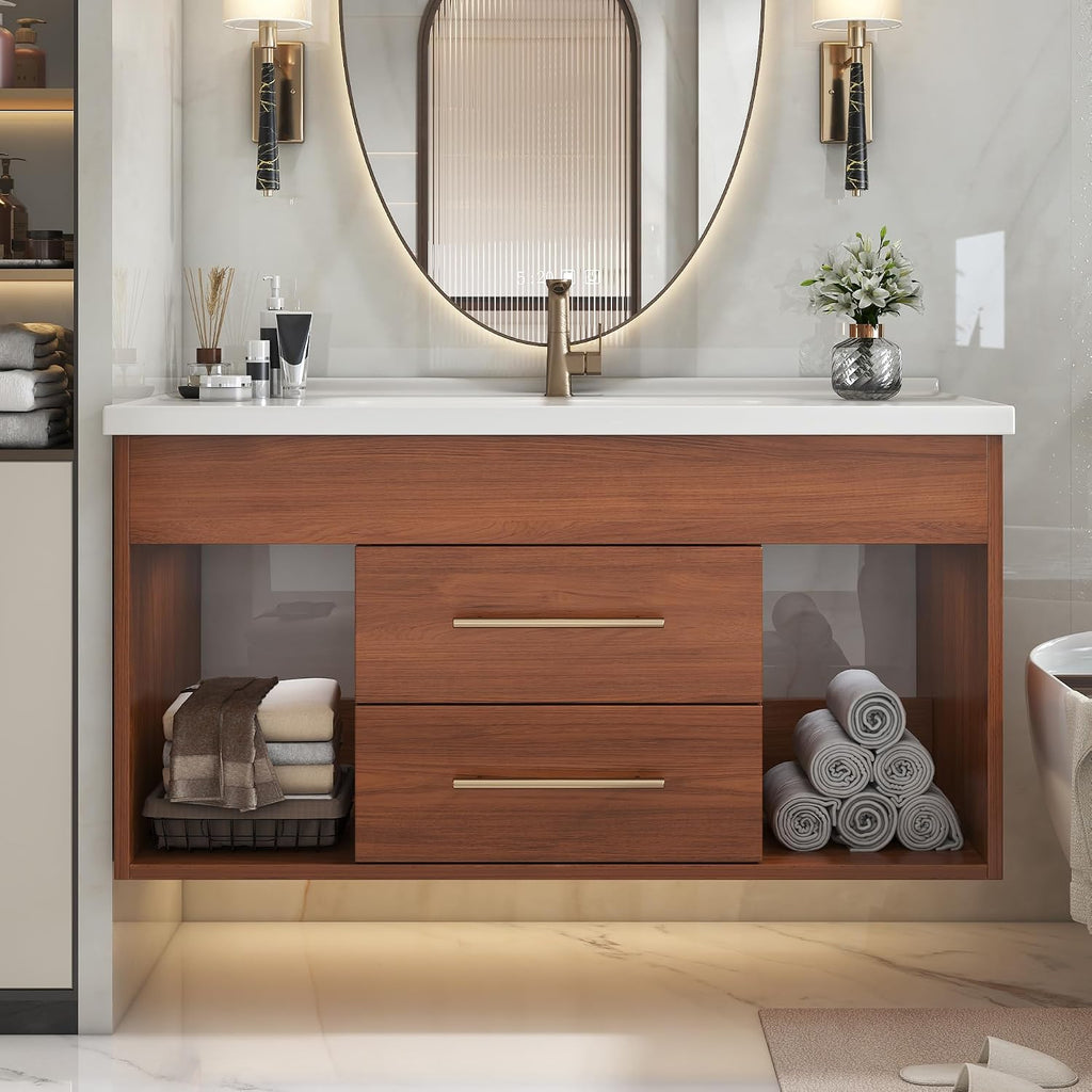 36' Floating Bathroom Vanity with Single Sink, Modern Wall Mounted Bathroom Vanities with Ceramic Basin, Wood Bathroom Vanity Cabinet with 2 Drawers and 2 Open Cabinets, Walnut