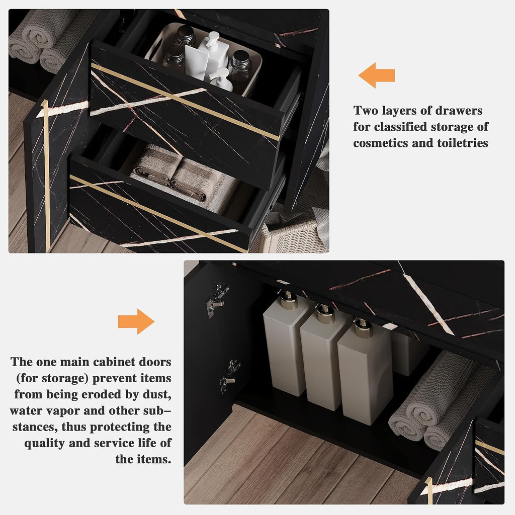 36' Bathroom Vanity with Sink Set, Modern Black Wall Mounted Bathroom Vanity Cabinet with Faux Marble Countertop,Gold Handle 2 Drawers & 1 Cabinet, Single Sink Floating Bathroom Vanity