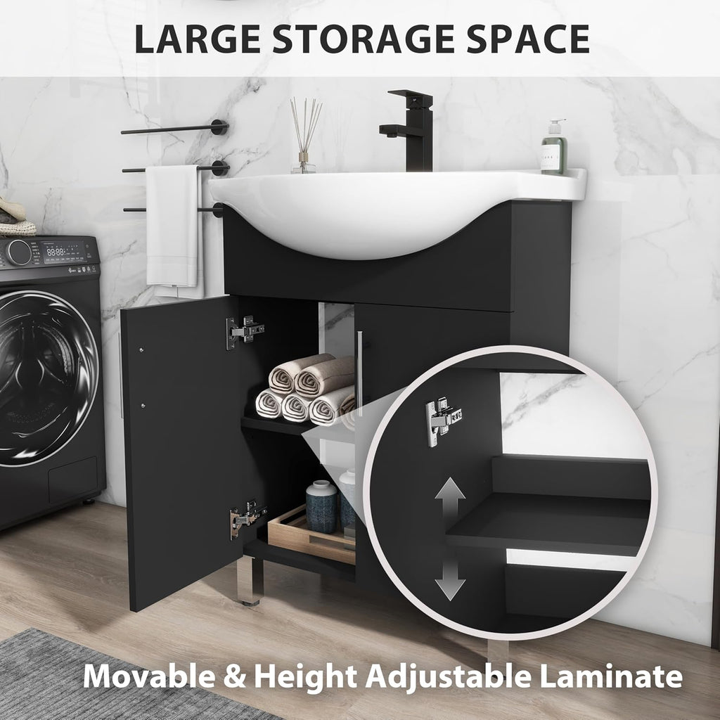 LUCKWIND 24 Inch Black Laundry Sink Cabinet Set with Ceramic Belly Bowl Sink and Faucet - Bathroom Vanity Combo, Ceramic Utility Sink for Laundry, Utility Room, Bathroom, Kitchen
