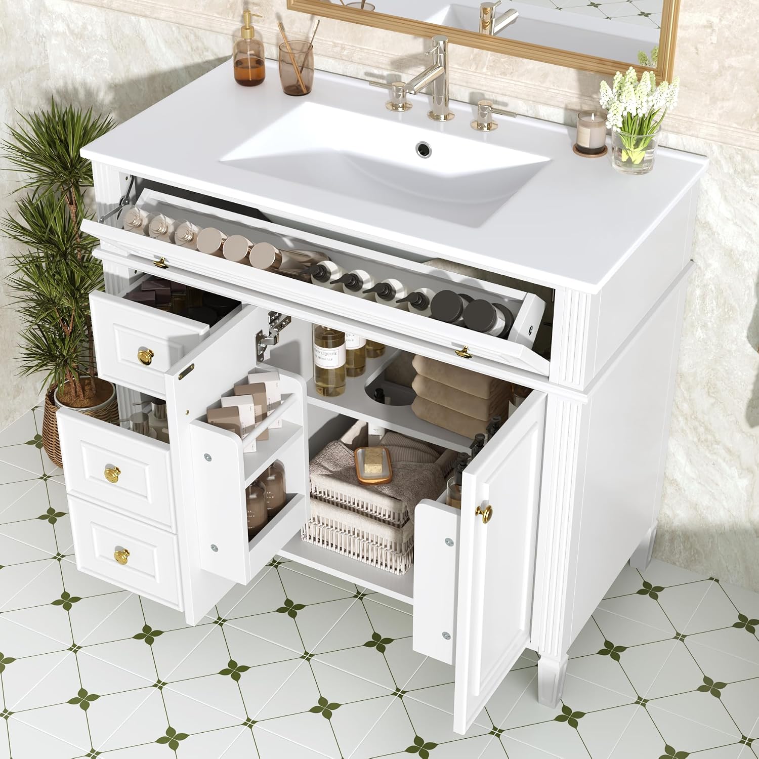 36' Bathroom Vanity Cabinet with Ceramic Countertop Sink Combo Set, Solid Wood Frame, Tilt-Out Drawers and Left Side Drawers, Soft Closing Door Hinges, Farmhouse Style, White