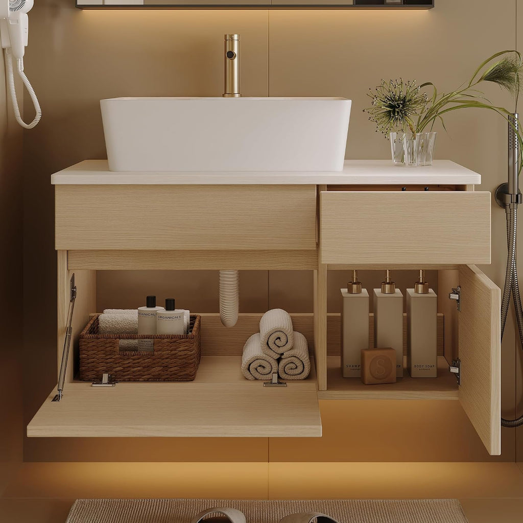 32' Floating Bathroom Vanity with Single Sink, Modern Wall Mounted Bathroom Vanities with Above Ceramic Basin, Wood Bathroom Vanity Cabinet with 1 Drawers and 2 Storage Cabinets, Natural