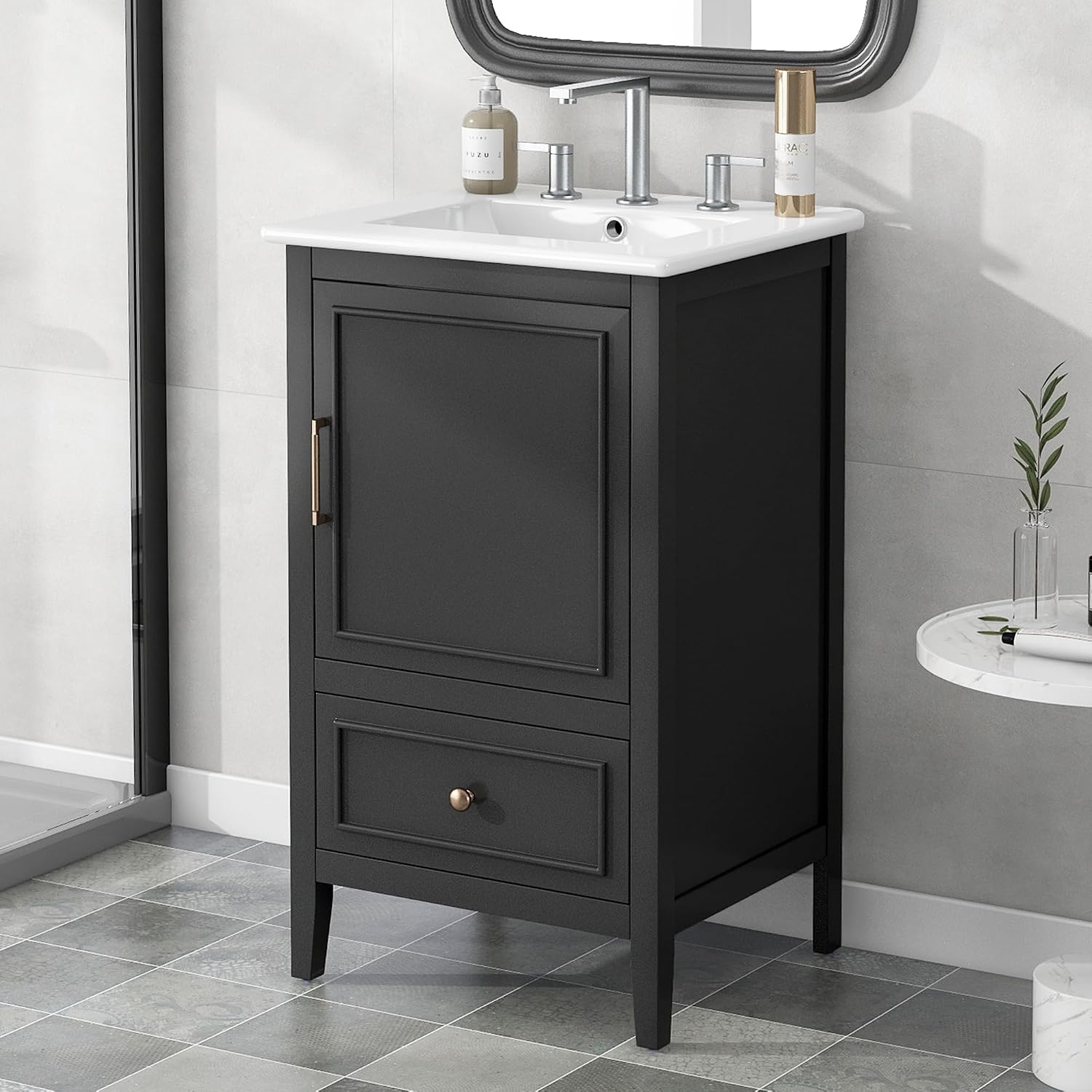 20-inch Bathroom Vanity with Sink Combo, Free-Standing Single Bathroom Storage Cabinet with Soft Closing Door, Storage Rack, and Drawer, Vanity with Ceramic Basin for Bathroom (Black)