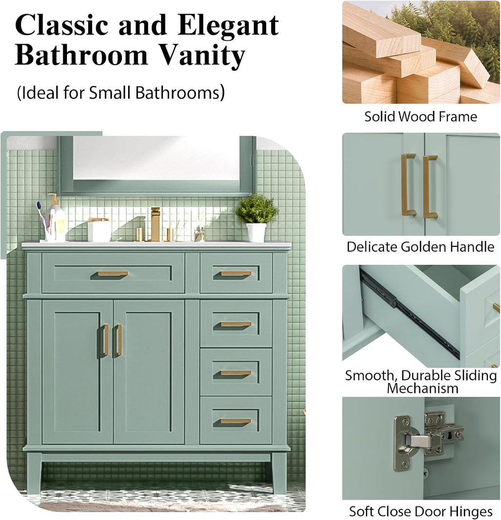 LUMISOL 36' Bathroom Vanity with Sink Combo, Modern Green Bathroom Storage Cabinet with Tip-Out Drawer, 3 Drawers & 2 Soft-Close Doors, Solid Wood Bathroom Vanity with Ceramic Sink, Green