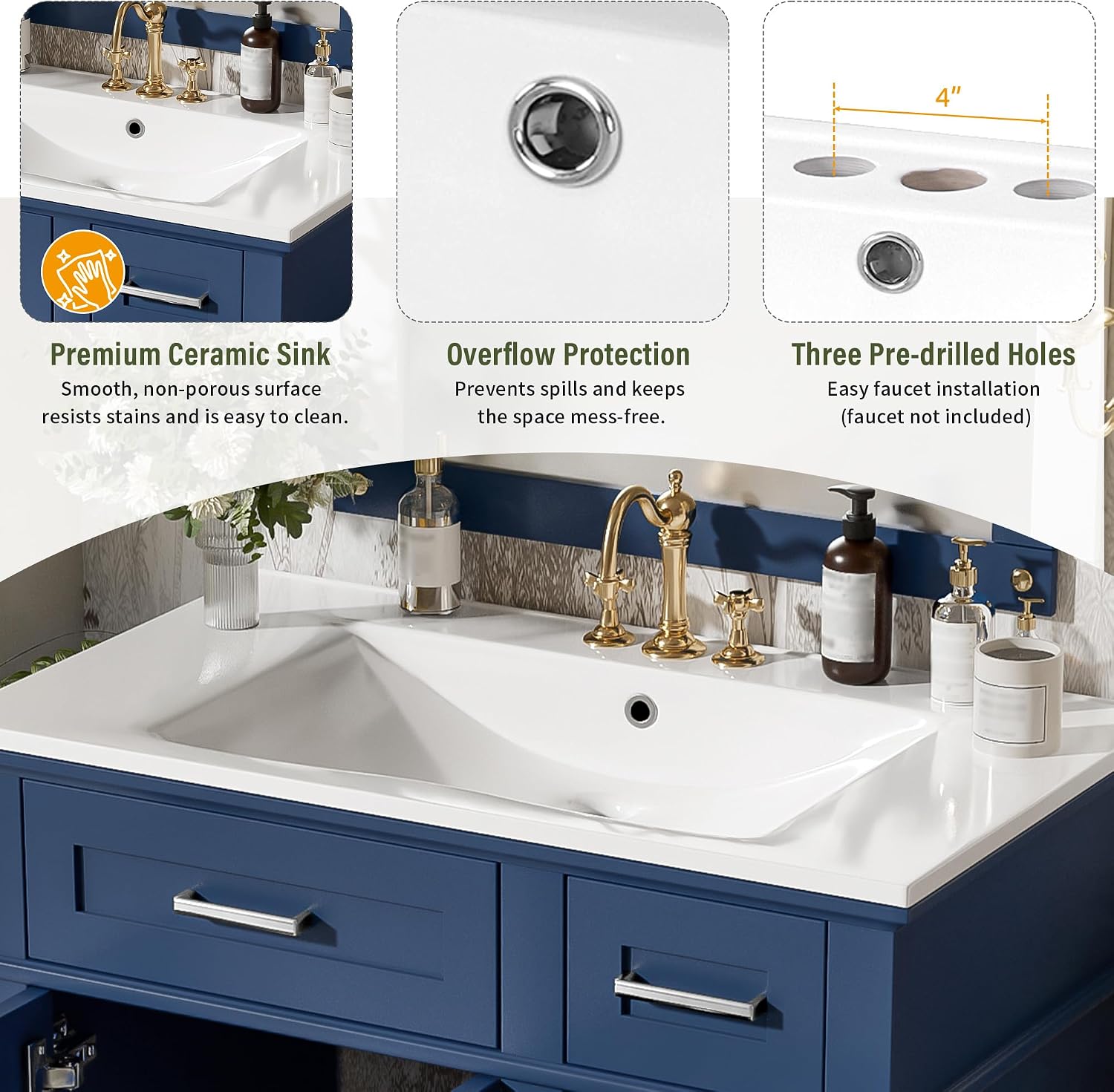 Harper & Bright Designs 30' Bathroom Vanity with Sink, Free Standing Single Basin Vanity Set with 2 Drawers, and Soft-Close Doors, Wood Bathroom Cabinet with Ceramic Basin for Bathroom, Blue