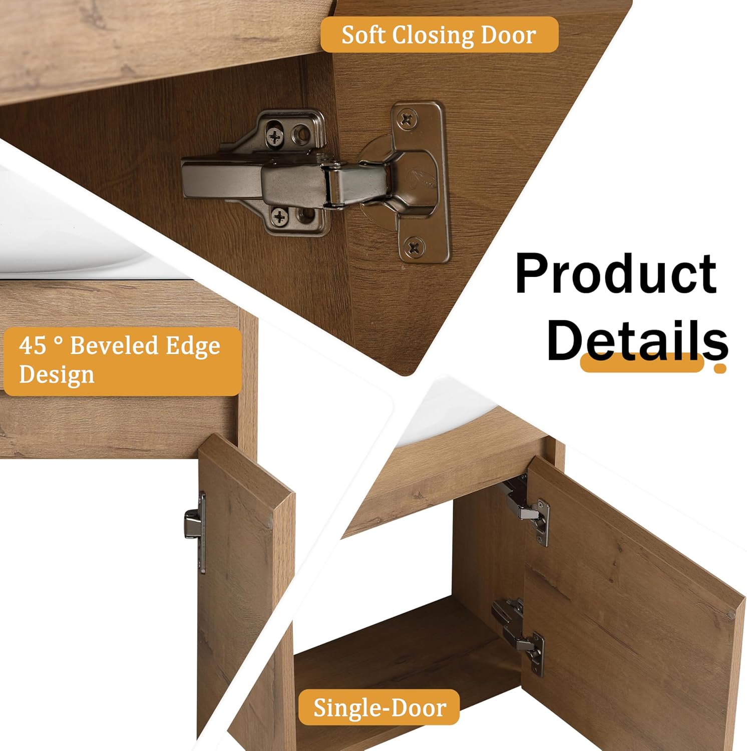 Malwee 16 Inch Floating Bathroom Vanity with Sink, 16'' Wall Mounted Single Sink Bathroom Vanity Combo, Modern Brown Cabinet Set with 1 Soft Close Door and Ceramics Basin Top,MAF02916-IMOX