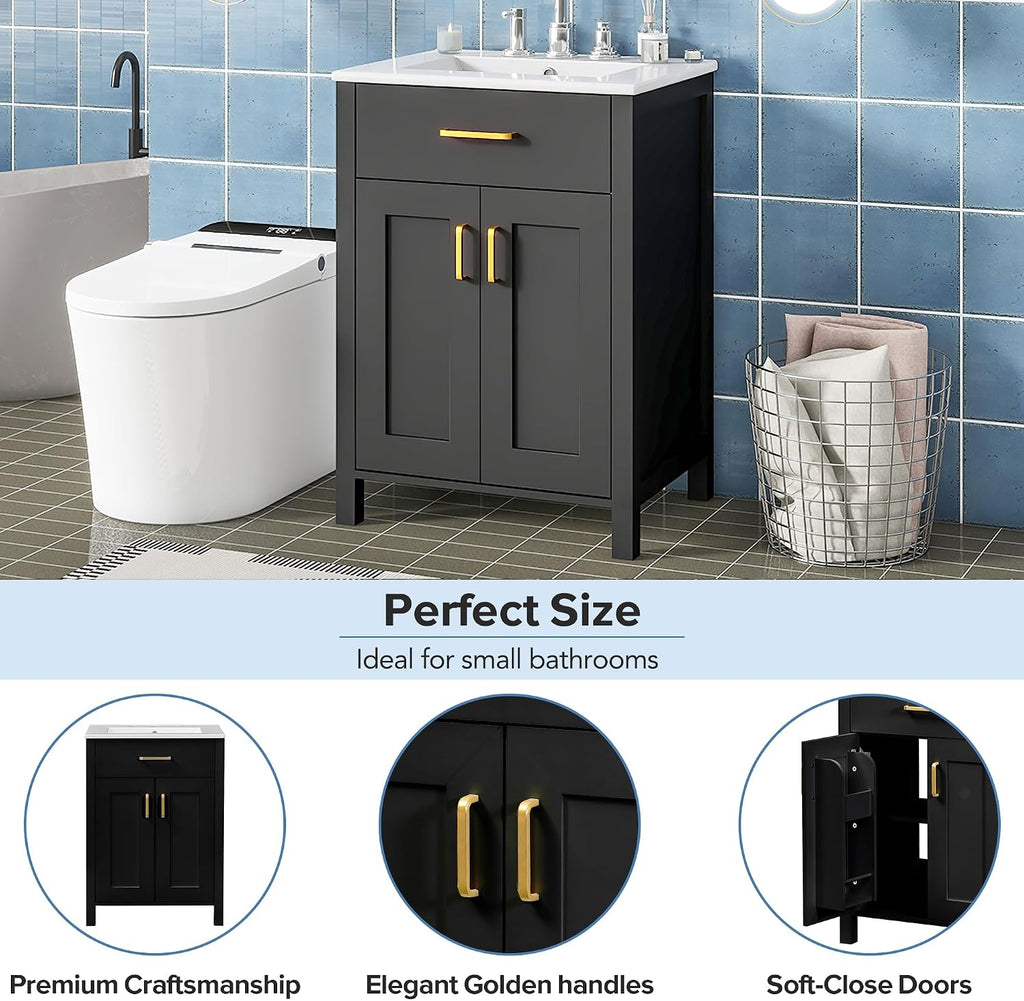 Harper & Bright Designs 24' Bathroom Vanity with Sink, Free Standing Single Basin Vanity Set with 2 Soft-Close Doors and Drawer, Modern Wooden Bathroom Cabinet with Ceramic Basin for Bathroom, Black