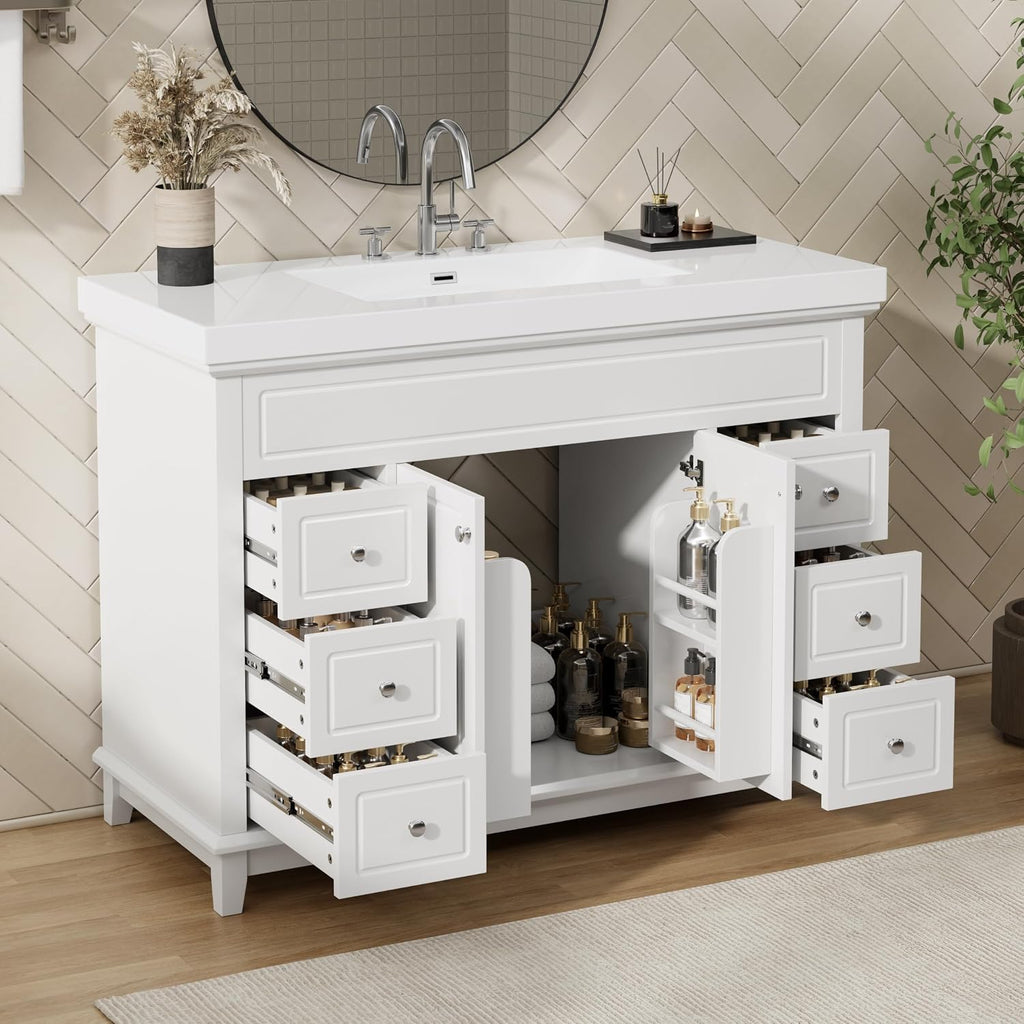 48' Bathroom Vanities Cabinet with Sink Top, Soft-Closing 6 Drawers and 2 Doors, Solid Wood Frame, White